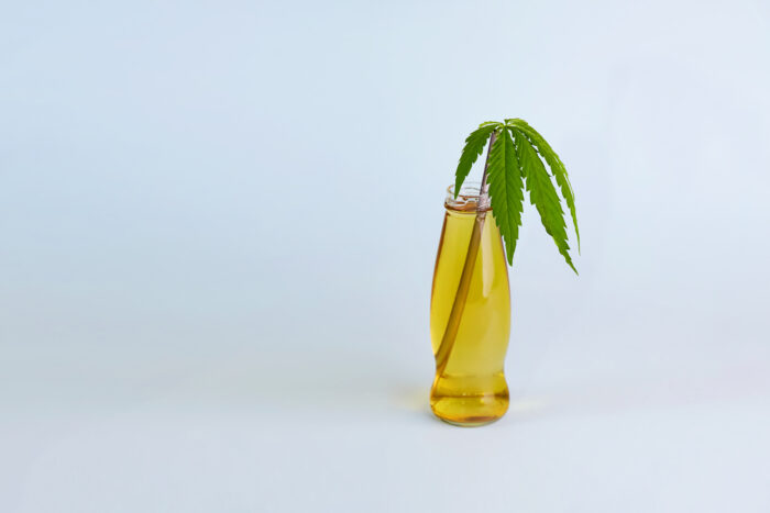Bottle of cannabis tea with green marijuana leaves on blue background. Medical cannabis.