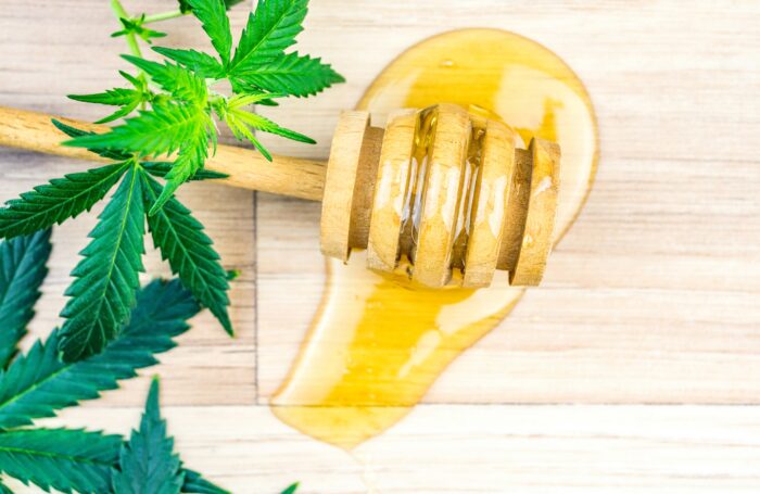 CBD Cannabis infused Honey with dipper spoon jar Marijuana leafs on wooden table
