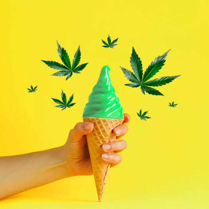 Female hand holding waffle cone ice cream with cannabis leaves on vibrant yellow background.