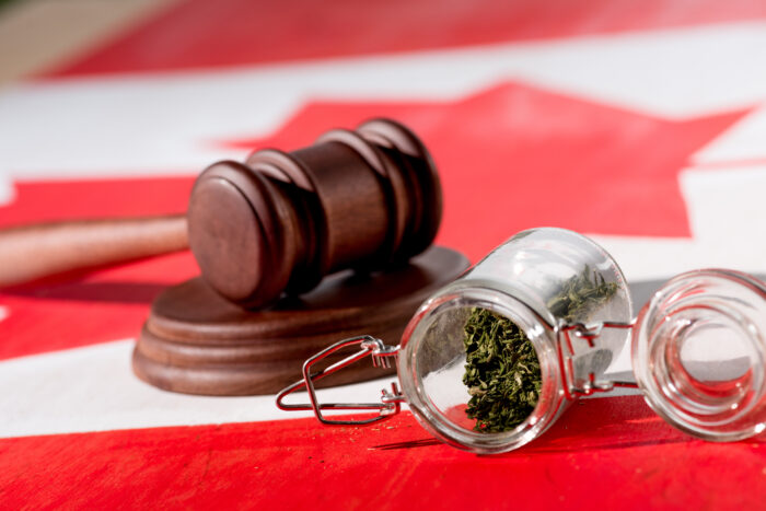 selective focus of cannabis in glass jar with wooden gavel on canadian flag, marijuana legalization